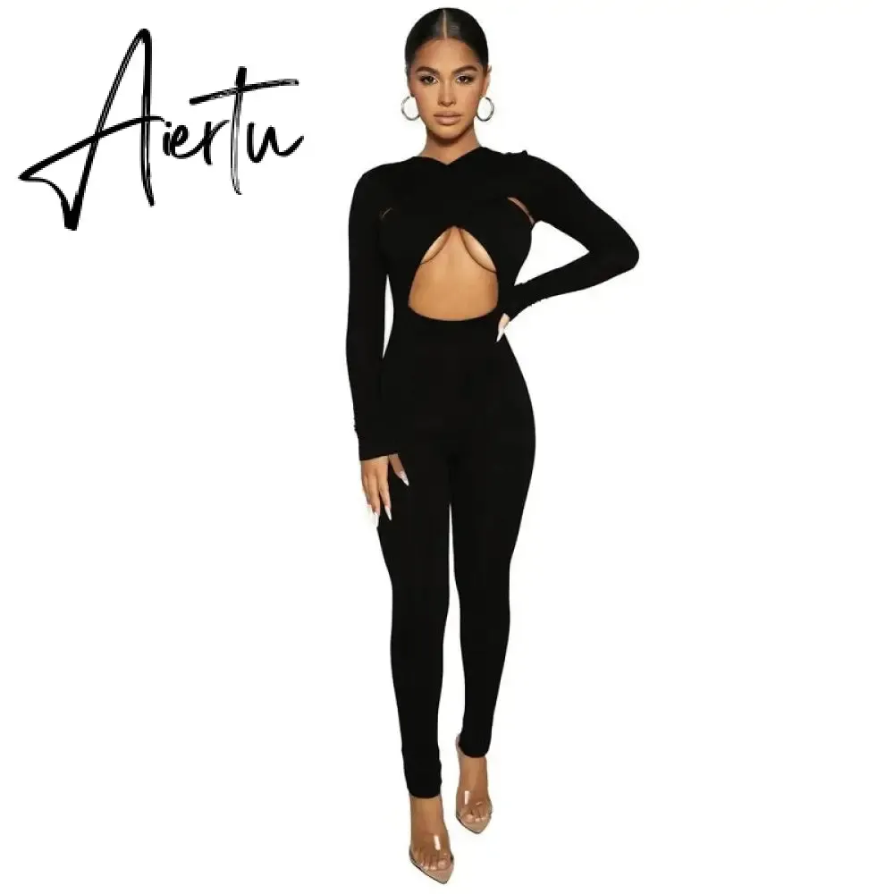 Aiertu Solid Hollow Out Revealing Long Sleeves Slim Bodycon Jumpsuit Summer Women Fashion Sexy Sport Party Club Robe Y2K