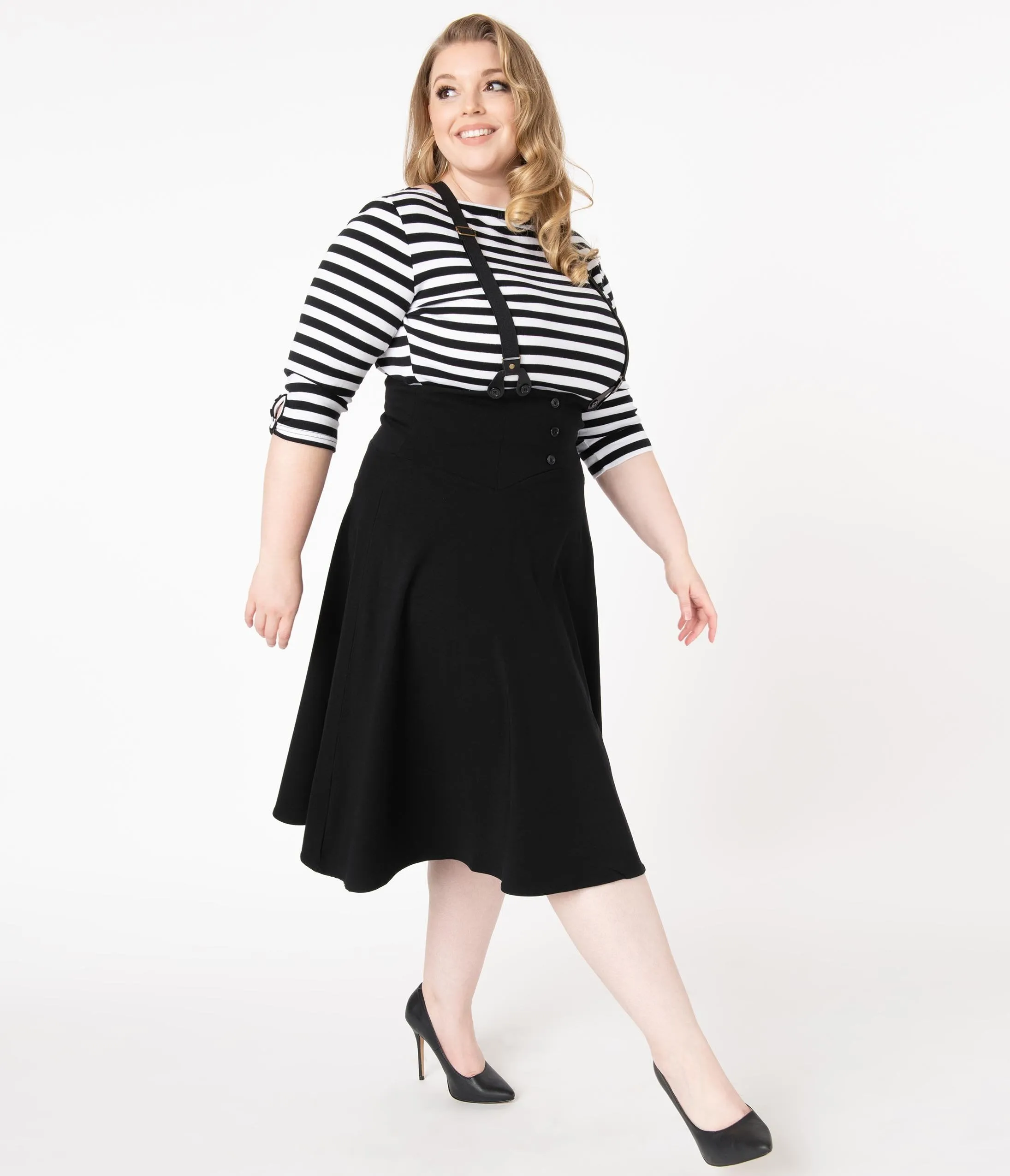 Unique Vintage Plus Size 1950s Black Chapman Suspender Swing Skirt